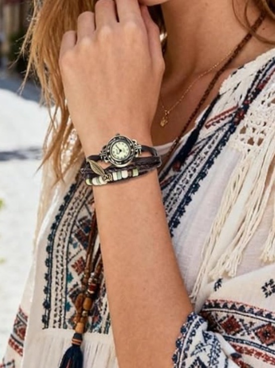 Anthropologie Brown Leather Wrap Watch with Leaf Charm and Bead Accents